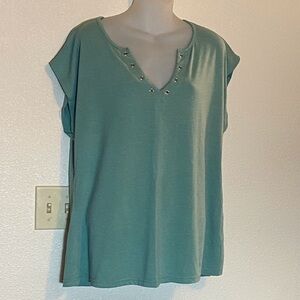 Relaxed V-Neck Short Sleeve Top in Mint Green with Stud Accents